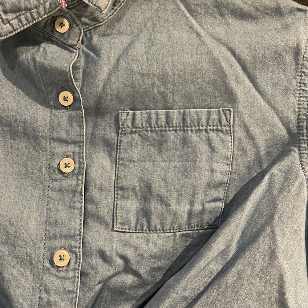 3/$20 Justice Girls Denim Blouse Size 8 - Button-Up Knot Front Shirt - Picture 3 of 10